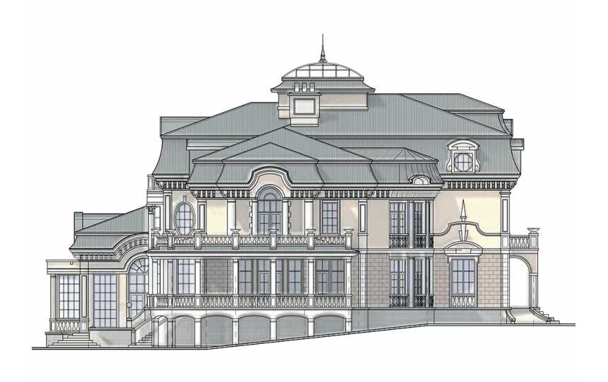 Проект узкого трехэтажного дома из кирпича в стиле барокко с цокольным этажом, тренажёрным залом и сауной, с площадью до 1300 кв м EV-13