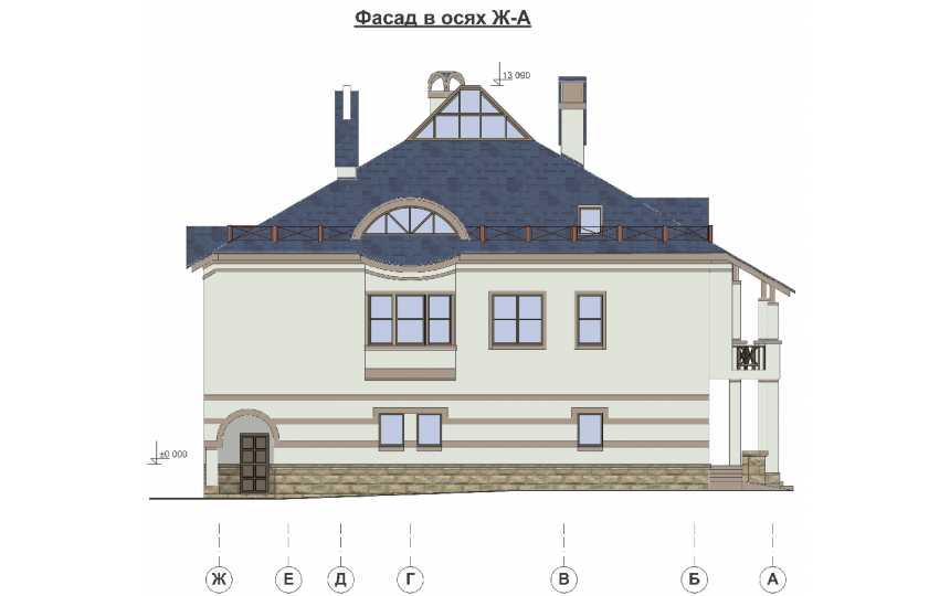 Проект узкого четырёхэтажного дома из кирпича в стиле барокко с цокольным этажом и одноместным гаражом, с площадью до 400 кв м PA-36