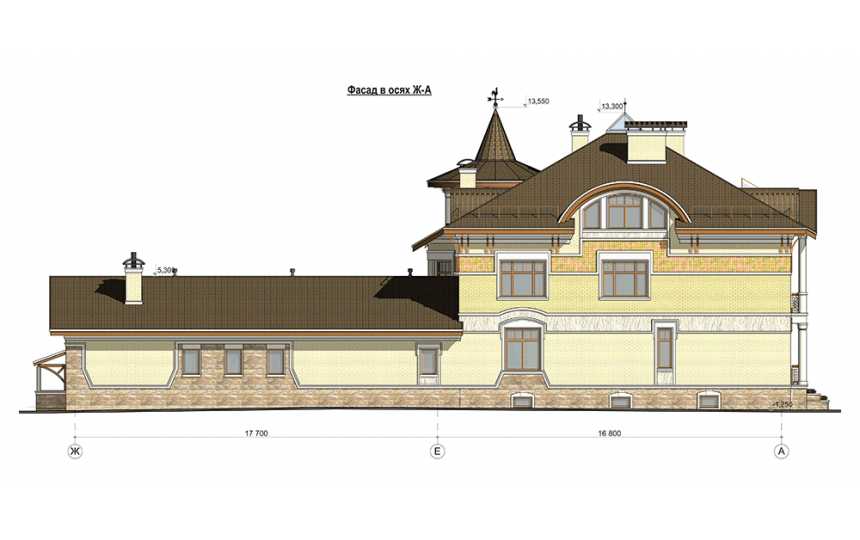 Проект квадратного четырёхэтажного дома из кирпича в стиле барокко с цокольным этажом и эркерами, с площадью до 1100 кв м  PA-44
