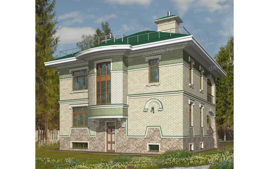  Проект квадратного трёхэтажного дома из кирпича в стиле барокко с цокольным этажом и эркерами, с площадью до 400 кв м  PA-46