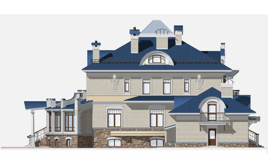  Проект узкого трёхэтажного дома из кирпича в стиле барокко с цокольным этажом и двухместным гаражом, с площадью до 1150 кв м PA-48