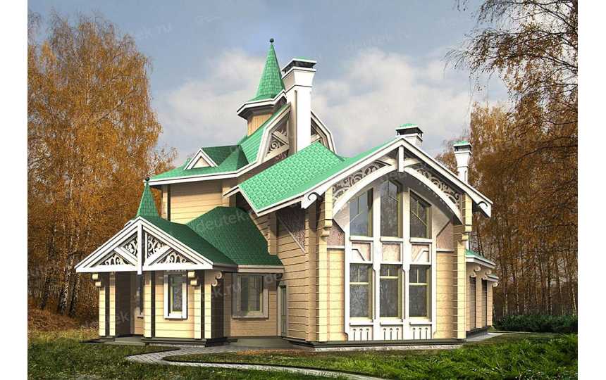 Проект узкого двухэтажного дома из кирпича в стиле барокко с эркерами и террасой, с площадью до 350 кв м PA-50