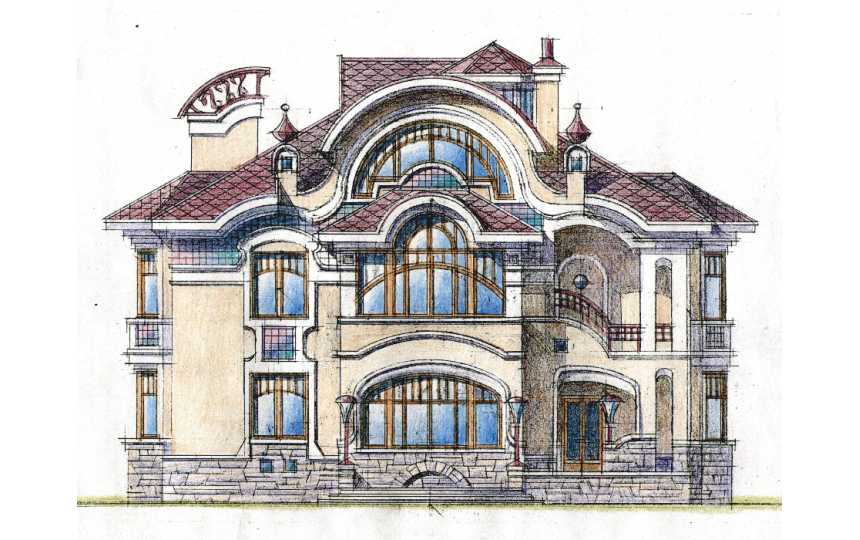  Проект трёхэтажного дома из кирпича в стиле барокко с мансардным этажом и эркерами, с площадью до 500 кв м PA-51