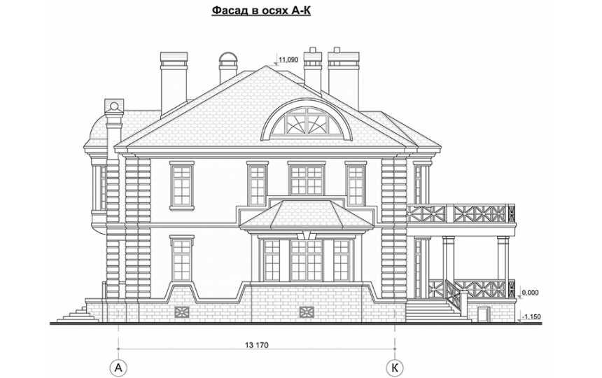 Проект узкого трёхэтажного дома из кирпича в стиле барокко с мансардным этажом и двухместным гаражом, с площадью до 500 кв м  PA-53