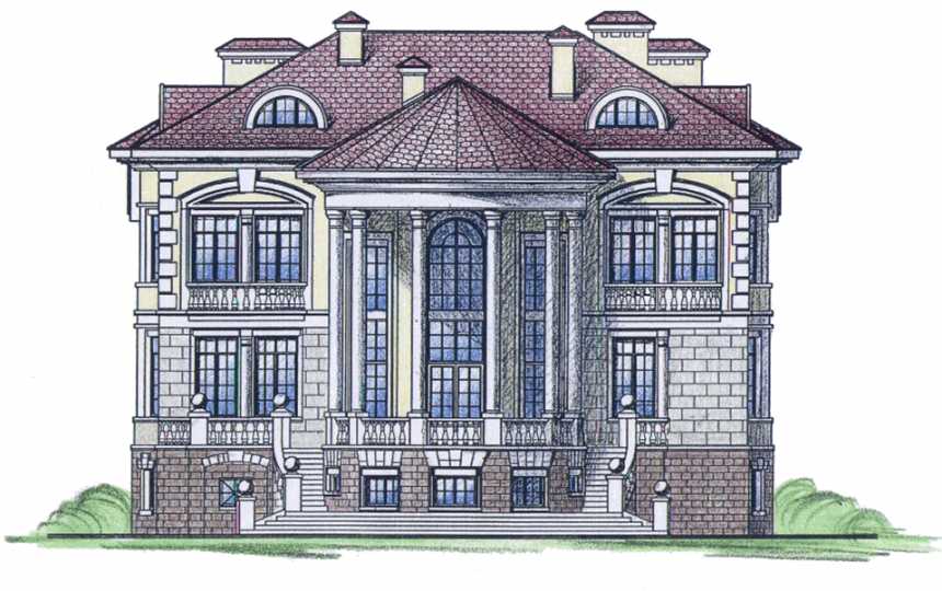  Проект квадратного четырёхэтажного дома из кирпича в стиле барокко с цокольным этажом и эркерами, с площадью до 1000 кв м - PA-59