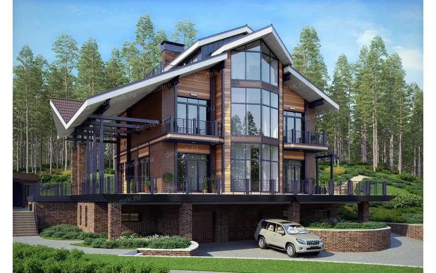 Проект четырехэтажного дома из поризованных керамических блоков в европейском стиле с цоколем и мансардой KVR-130