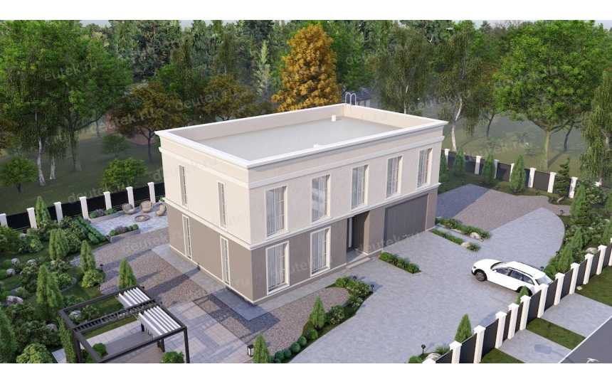 Проект индивидуального двухэтажного жилого дома с плоской кровлей в стиле ХАЙТЕК с гаражом и мастерской DTE-190