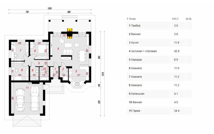Проект квадратного одноэтажного дома из керамоблоков с двухместным гаражом и эркером - SK-5 SK-5