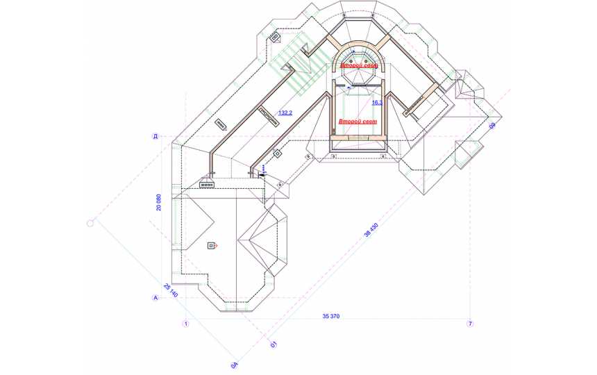 Проект углового, узкого трехэтажного дома с цокольным этажом, баней и бассейном, с размерами 35 м на 20 м EV-14