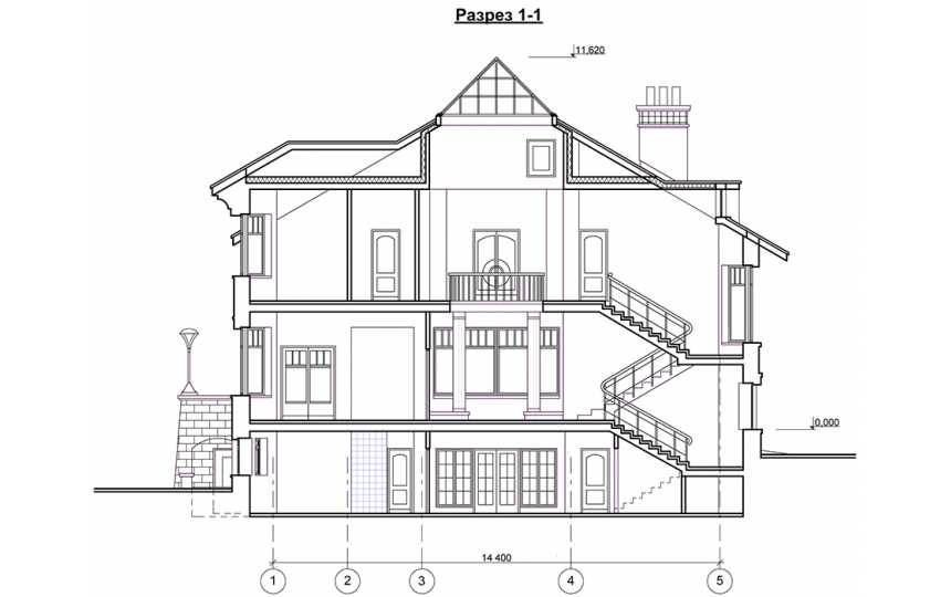 Проект узкого двухэтажного дома из кирпича в стиле барокко с цокольным этажом, сауной и двухместным гаражом - PA-14