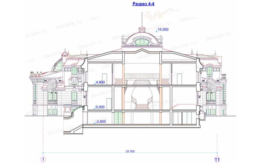 Проект узкого трёхэтажного дома из кирпича в стиле барокко с цокольным этажом и кабинетом, с площадью до 1250 кв м  PA-39