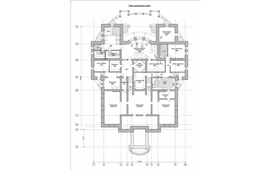 Проект трехэтажного дома из кирпича с цокольным этажом, сауной и вторым светом, с размерами 27 м на 31 м EV-20