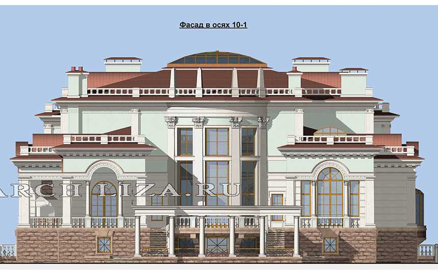 Проект трехэтажного дома из кирпича с цокольным этажом, сауной и вторым светом, с размерами 27 м на 31 м EV-20