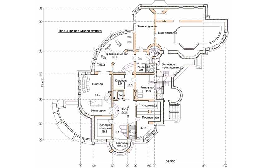 Проект четырехэтажного дома из кирпича с цокольным этажом и тренажёрным залом, с размерами 32 м на 29 м EV-26