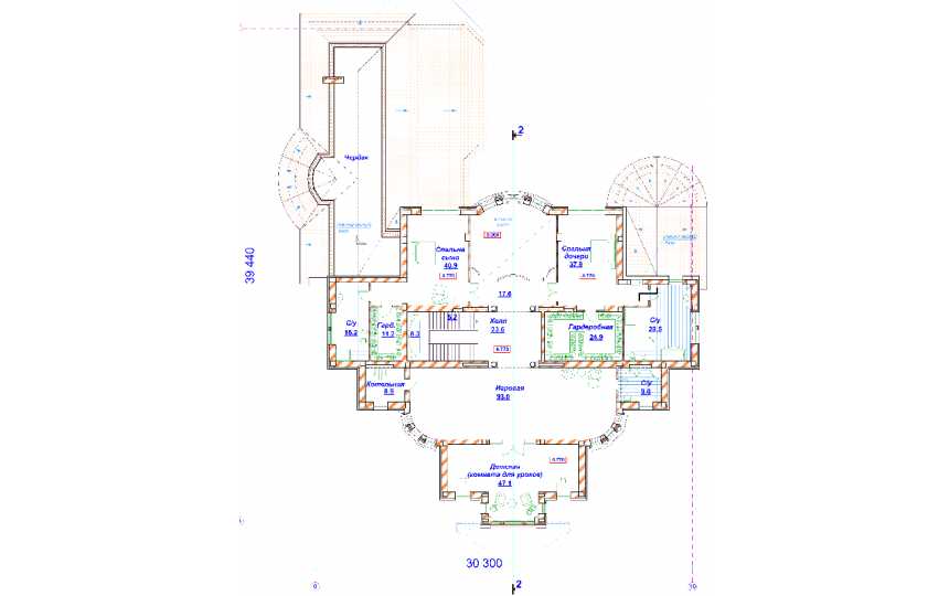 Проект узкого двухэтажного дома из кирпича в стиле барокко с кабинетом и эркерами, с площадью до 1050 кв м - PA-56