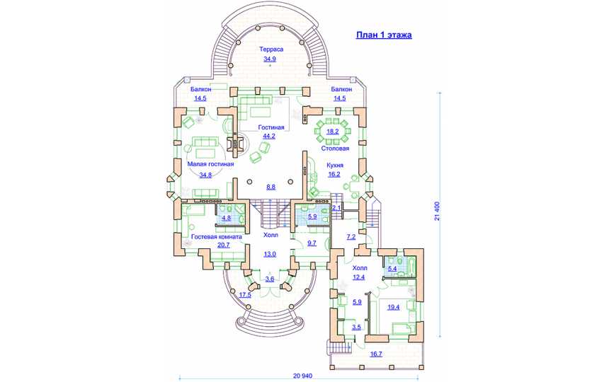 Проект квадратного двухэтажного дома в стиле барокко с цокольным этажом и бассейном, с площадью до 900 кв м AG-5