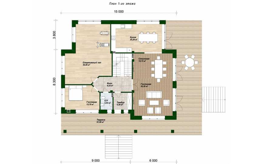 Проект индивидуального двухэтажного жилого дома с цокольным этажом и многоскатной вальмовой кровлей DTE89