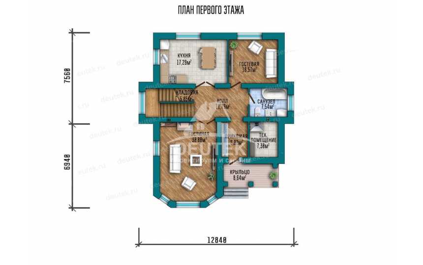 Проект двухэтажного дома с размерами 15 м на 13 м SRK-3