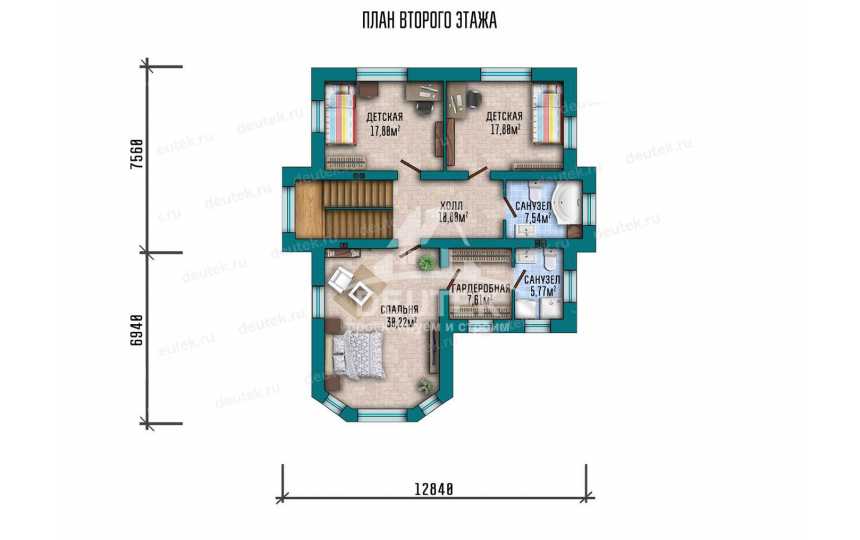 Проект двухэтажного дома с размерами 15 м на 13 м SRK-3