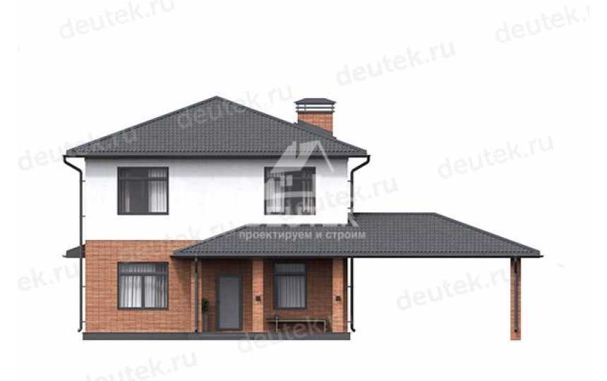 Проект жилого квадратного двухэтажного дома в европейском стиле с навесом для двух автомобилей LK-121