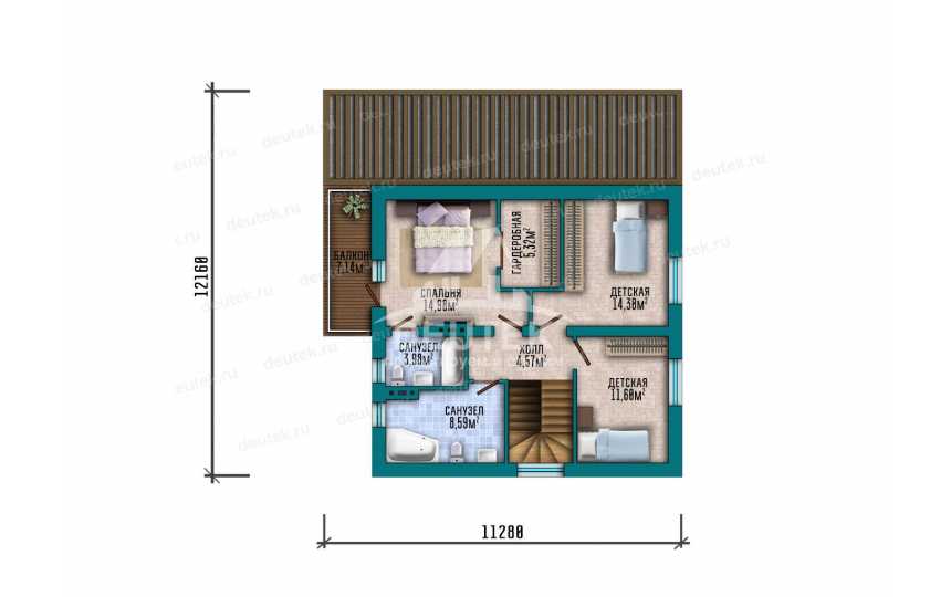 Проект квадратного двухэтажного дома из газобетона с размерами 13 м на 13 м и площадью до 200 кв м - LK-177