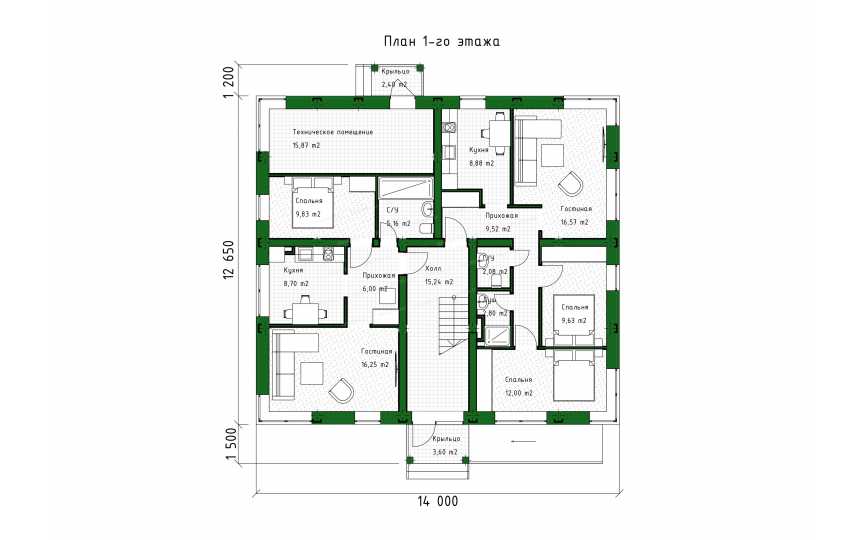 Проект трехэтажного многоквартирного дома с размерами 12 м на 14 м - P306