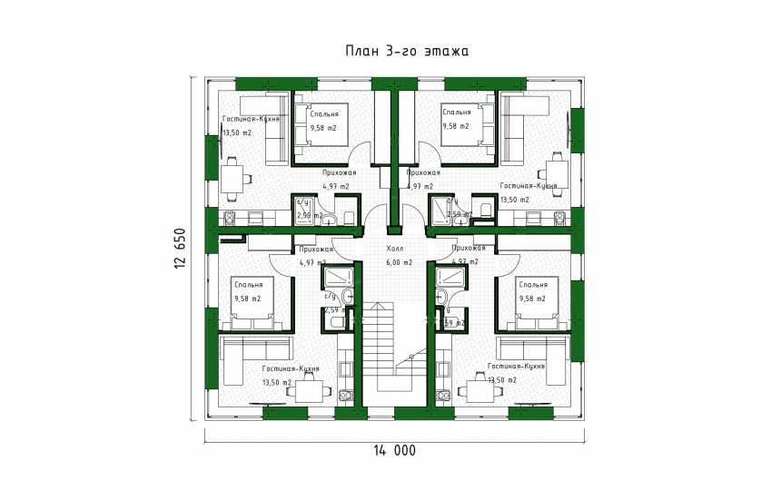 Проект трехэтажного многоквартирного дома с размерами 12 м на 14 м - P306