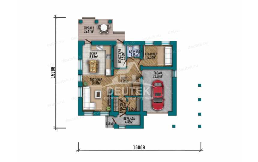 Проект квадратного двухэтажного дома с одноместным гаражом - LK-292