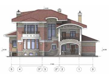 Проект узкого двухэтажного дома из кирпича в стиле барокко с двухместным гаражом и кабинетом , с размерами 18 м на 12 м EV-11