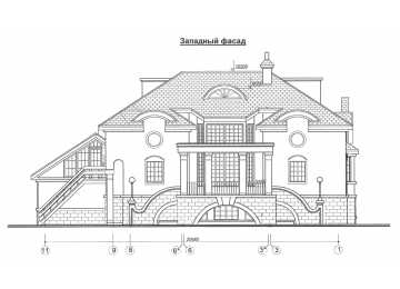 Проект трёхэтажного дома из кирпича в стиле барокко с цокольным этажом и двухместным гаражом, с площадью до 500 кв м PA-23