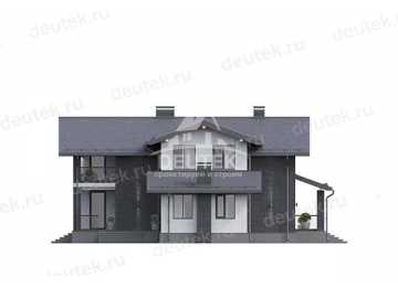 Проект жилого двухэтажного дома из газобетона с большими окнами, террасами на 1 и 2 этажах и верандой LK-124