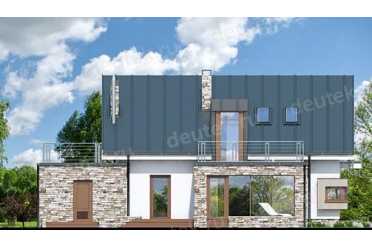 Проект одноэтажного дома из керамических блоков с террасой, мансардой и одноместным гаражом DTN100019