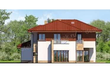 Проект двухэтажного дома из керамических блоков с террасой и двухместным гаражом DTN100056