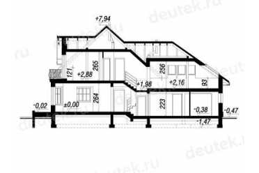 Проект двухэтажного дома из керамоблоков с мансардой и двухместным гаражом DTV100070