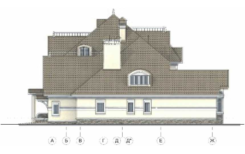 Проект трёхэтажного дома в стиле барокко из керамоблоков с тренажёрным залом, двухместным гаражом и сауной с размерами 24 м на 20 м EV-5