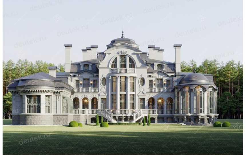 Проект четырехэтажного дома в стиле барокко с цокольным и мансардным этажом, сауной и бассейном, с размерами 36 м на 33 м EV-16