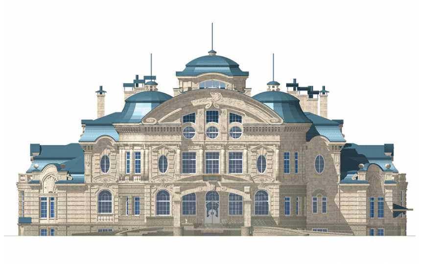 Проект четырехэтажного дома в стиле барокко с цокольным и мансардным этажом, сауной и бассейном, с размерами 36 м на 33 м EV-16