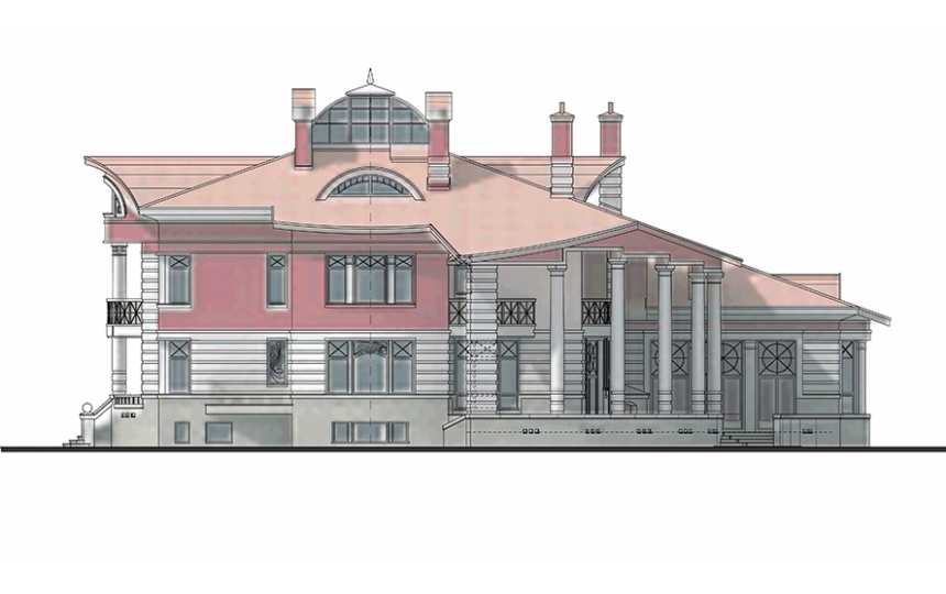 Проект квадратного двухэтажного дома из кирпича в стиле барокко с цокольным этажом и погребом, с площадью до 1150 кв м PA-9