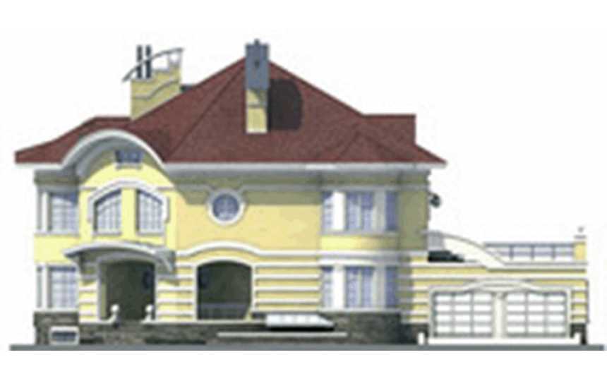 Проект углового двухэтажного дома из кирпича в стиле барокко с цокольным этажом, трёхместным гаражом и погребом - PA-13