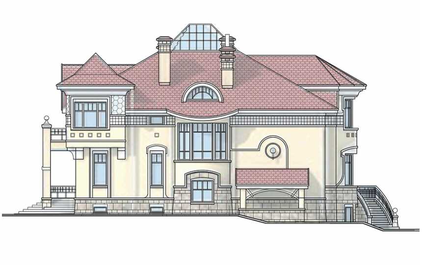 Проект узкого двухэтажного дома из кирпича в стиле барокко с цокольным этажом, сауной и бассейном PA-15