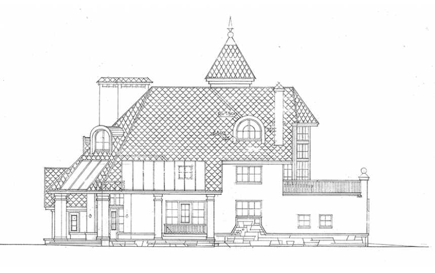  Проект углового трёхэтажного дома из кирпича в стиле барокко с мансардным этажом и двухместным гаражом, с площадью до 600 кв м  PA-22