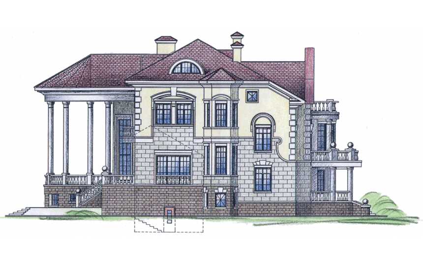  Проект квадратного четырёхэтажного дома из кирпича в стиле барокко с цокольным этажом и эркерами, с площадью до 1000 кв м  PA-59