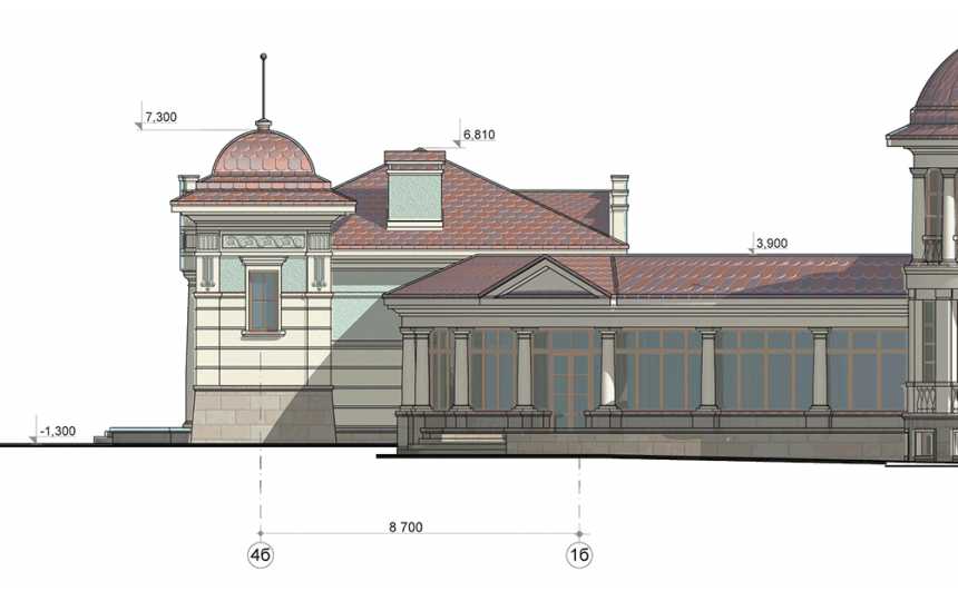 Проект узкого одноэтажного бассейна из кирпича в стиле барокко с эркерами, с площадью до 200 кв м -  PA-67
