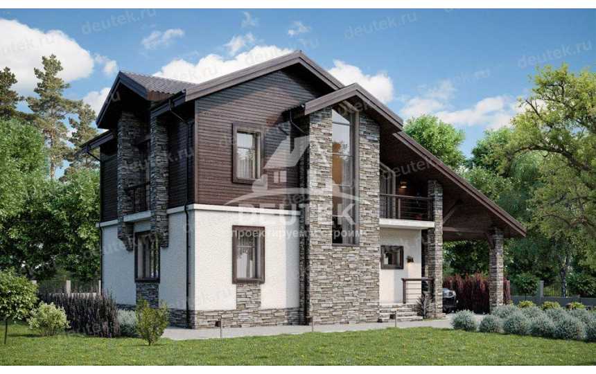 Проект жилого двухэтажного дома в европейском стиле из газобетона с навесом для гаража LK-95