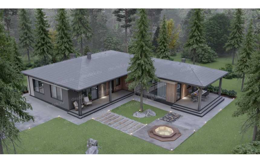 Проект углового одноэтажного дома с тремя спальнями - P300