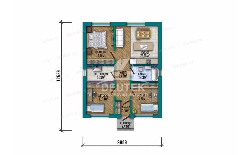 Проект жилого одноэтажного дома с размерами 9 м на 13 м и площадью до 100 кв м - LK-170