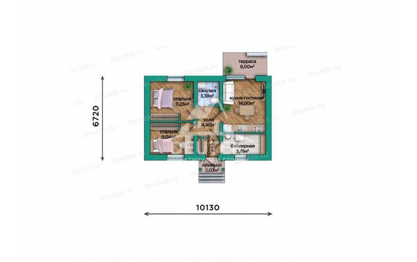 Проект узкого одноэтажного дома с площадью 50 кв м - LK-289