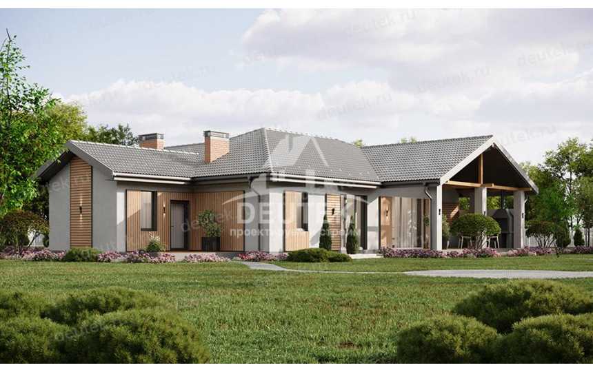 Проект загородного одноэтажного дома с баней и двумя террасами - LK-301