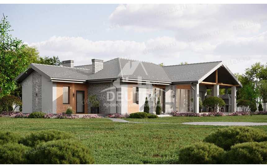 Проект загородного одноэтажного дома с баней и двумя террасами - LK-312