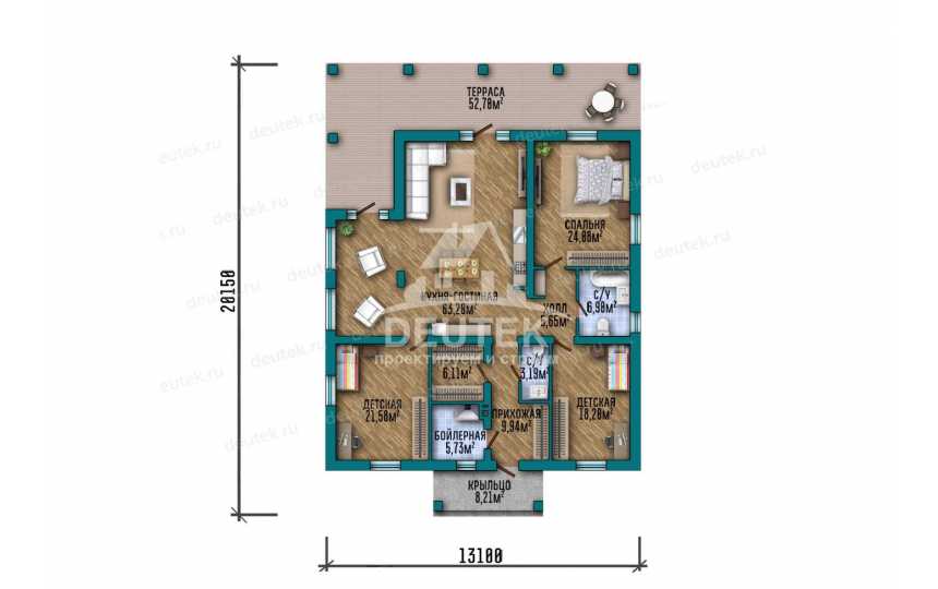 Проект загородного одноэтажного дома с большими окнами - LK-314